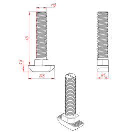Чертеж - Болт Т-образный (Т-Болт) М8х40 (3842528724)