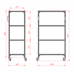 Чертёж подкатной стойки 600х1000х1800 мм на 4 полки