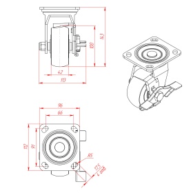 Чертеж колеса RSI91210001-02: габариты, платформа, тормоз, диаметр 100 мм, допустимая нагрузка 300 кг