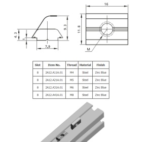 Чертеж на пазовые сухари с лапкой серии 2A12,  для паза 8 мм