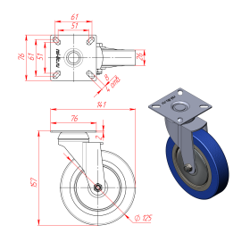 RSI932125 | Колесо поворотное D125 с платформой 76х76 мм, креп. 60х60 мм, 100 кг изображение 1