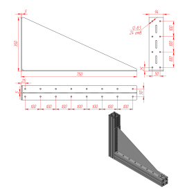 Длинный стальной уголок 350х750 мм с ребром жесткости 5 мм чертеж