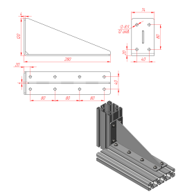 Длинный стальной уголок 280 мм с ребром жесткости 4 мм чертеж