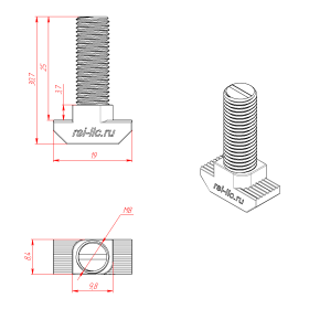 Чертеж - Болт Т-образный (Т-Болт) М8х25 (3842528718)
