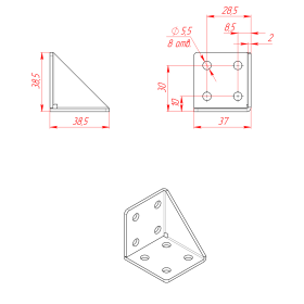 Чертёж усиленного стального углового соединителя 40х40 для профилей серии 20