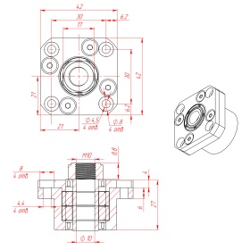 Чертёж: FK-10 — фиксирующая фланцевая подшипниковая опора, внутр. диаметр 10 мм, для шарико-винтовых пар (ШВП).