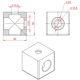 Чертеж двух стороннего алюминиевого кубического соединителя арт. 2072 к профилям 45х45