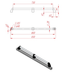 Алюминиевая дверная ручка DH28-L800-E2-C1 с указанием основных размеров