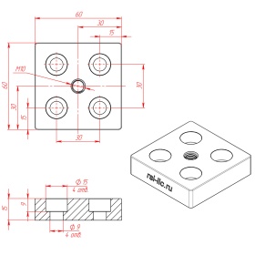 чертёж 7004-AL-M10 | Опорная плита алюминиевая M10-60х60