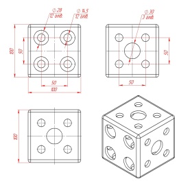 Чертёж кубического соединителя 100х100 мм на три стороны