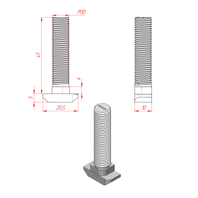 Чертёж Т-Болта М10х45, паз 10 мм