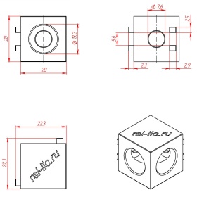 Чертёж: 335.0210A.01 | Двухсторонний кубический соединитель (к профилям серии 20)