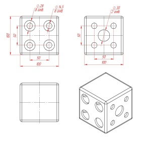 Чертёж двустороннего кубического соединителя 100х100 мм