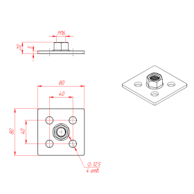 Чертеж опорной плиты 80х80 мм резьба М16 к профилям с пазом 10 мм