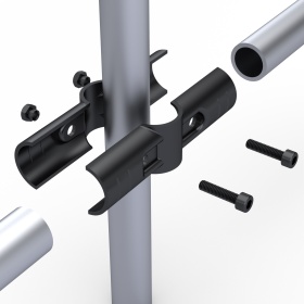 Установка: надеть RSI‑DF4B на три трубы Ø28 мм и зафиксировать крепежом для перпендикулярного соединения