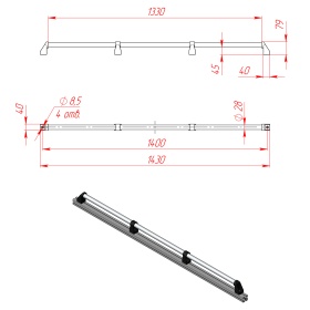 Алюминиевая ручка DH28-L1400-E2-C1, общий вид, с указанием размеров