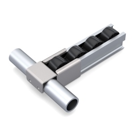 Кронштейн для алюминиевой роликовой направляющей ALU-2045, тип А, FH-2045A — деталь для соединения круглой трубы с роликовой направляющей.