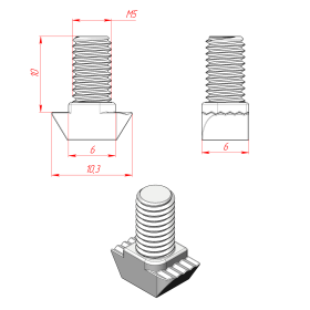 Чертеж т-болта М5х10 для паза 6 мм