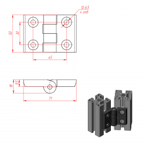 Чертёж дверного шарнира для профилей 45 серии