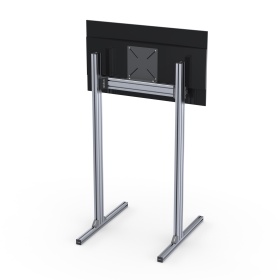 Демонстрация собранной рамы с установленным монитором (VESA‑крепление), показывает положение экрана относительно крепёжных узлов и пример рабочей установки