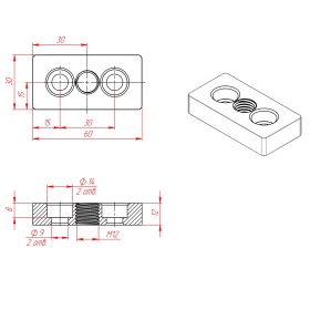 Чертеж опорной торцевой плиты 30х60 мм под резьбу М12