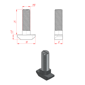 Чертёж Т-болта М8х20 мм для конструкционных профилей серии 40, паз 8 мм