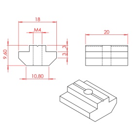 Чертеж сухаря пазового алюминиевого, арт. 5185AL. Резьба М4. Паз 8, профили серии 40