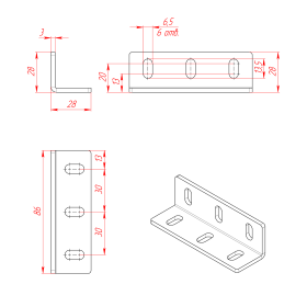 Чертёж стального углового соединителя 30х90 мм