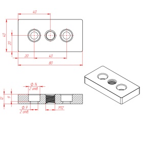 Артикул 7002-AL-Slot8-M12. Обозначение: Опорная плита алюминиевая M12-40х80 паз 8