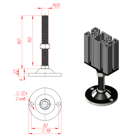 7652 | Опора регулируемая нержавеющая, шпилька М20х150, Основание 100мм изображение 2