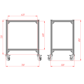 Чертёж стойки с двумя полками, размеры 500х700х850 мм