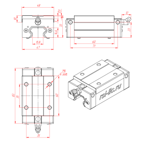 Чертёж каретки бесфланцевой для вала 25 мм