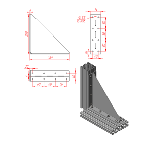 Стальной уголок 280х280 мм с ребром жесткости 4 мм чертеж