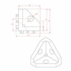 Чертёж трехстороннего соединителя к профилям 40х40