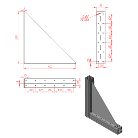 Уголок 550х550 мм с ребром жесткости для алюминиевого профиля серии 50