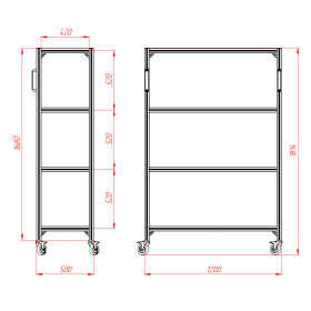 Чертёж подкатной стойки 500х1200х1800 на 4 полки