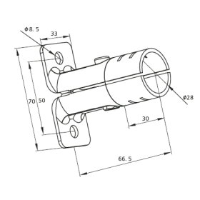 Чертёж размеров кронштейна RSI‑DF18B (размеры, отверстия для крепления) — для трубы 28 мм