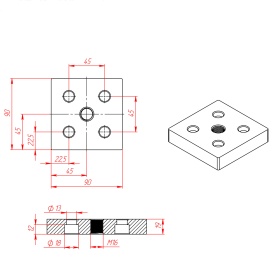 Чертёж 7006-AL-M16, Опорная плита алюминиевая M16-90х90