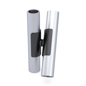 Вид кронштейна DF19B в сборке: соединение двух труб Ø28 мм под углом, модульный металлический компонент с черным порошковым покрытием, демонстрация установки