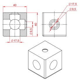 Чертеж трехстороннего кубического соединителя к профилям 40х40