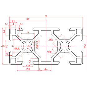 Чертеж облегченного алюминиевого конструкционного профиля 30х60L