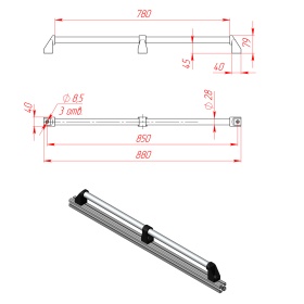 Алюминиевая ручка для дверей DH28-L850-E2-C1 с основными размерами, имеет длину 850 мм