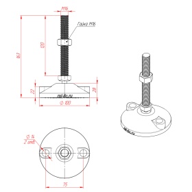 Наклонная нержавеющая опора, артикул 7929: детальное изображение шпильки М16х120 мм и её размеров.
