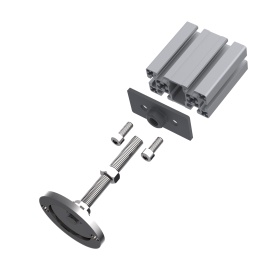 Детали опоры артикул 7648 — нержавеющая шпилька и основание диаметром 100 мм, винты, опорная плита и профиль