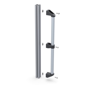 Алюминиевая дверная ручка с крепежом, установленная на профиль: общий вид с монтажом., артикул DH28-L650-E2-C1