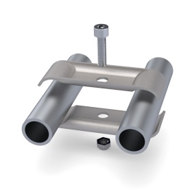 Соединитель RSI‑FH1001B установлен на две параллельные круглые трубы Ø28 мм, демонстрация крепления в модульной системе