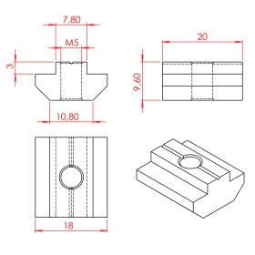 Чертеж алюминиевого пазового сухаря М5, к профилям серии 40