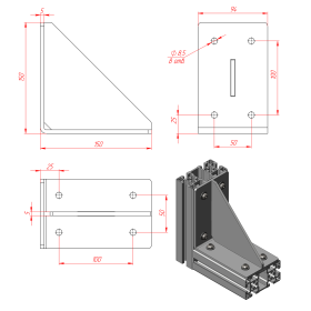 Уголок 150х150 мм стальной с ребром для профиля серии 50 чертеж