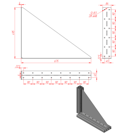Уголок стальной большой длинный 495х675 мм с ребром для профиля серии 45 чертеж