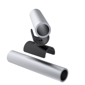 Крупный план кронштейна RSI-DF19B: металлический соединительный элемент для стыковки двух круглых труб диаметром 28 мм в модульных системах, черная порошковая покраска